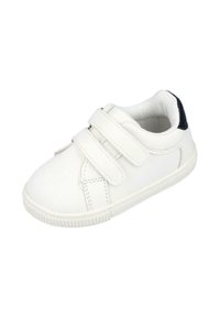 Zapatilla blanca con parte superior de lona y sintética, con dos correas ajustables de Velcro y un detalle negro en el talón. Suela plana de goma.