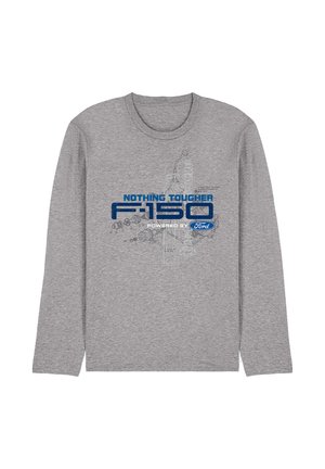 Gray long-sleeve shirt with blue text "NOTHING TOUGHER F-150" and "POWERED BY Ford" featuring a faint engine diagram background.