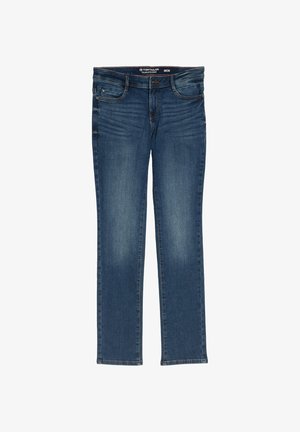 Dark blue straight-leg jeans made of denim, featuring a zip fly, five pockets, and subtle fading. Size label visible inside waistband.