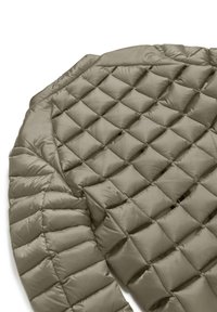 Giacca imbottita in un verde oliva smorzato, caratterizzata da un design trapuntato con sezioni rettangolari e una texture liscia e lucida.