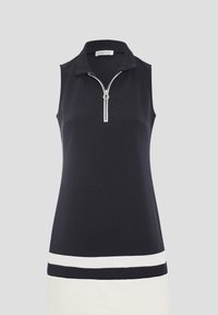 Haut polo sans manches en tissu bleu marine foncé avec col zippé. Dispose d'une bande horizontale blanche à l'ourlet, texture lisse et coupe ajustée.