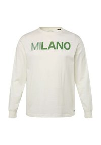 Langarm-T-Shirt aus cremefarbener Baumwolle mit dem Wort "MILANO" in fetter grüner Schrift über der Brust. Reguläre Passform mit gerippten Bündchen.