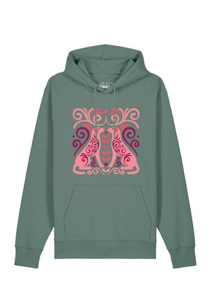 Groene hoodie met een symmetrisch roze en paars ontwerp van twee gestileerde, versierde dieren die elkaar aan de voorkant aankijken.