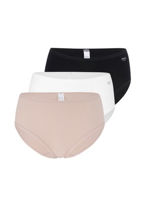 Drei nahtlose Damen-Slips in Beige, Weiß und Schwarz, übereinander von vorne nach hinten gestapelt, auf weißem Hintergrund.
