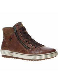 Baskets montantes marron en cuir avec une finition texturée, dotées d'une fermeture éclair sur le côté, d'un laçage à l'avant et d'une semelle en caoutchouc avec des accents striés.