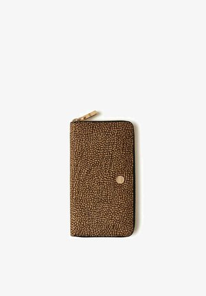 Brown zippered wallet with a textured pebble pattern and a small round gold emblem on the front, photographed on a white background.