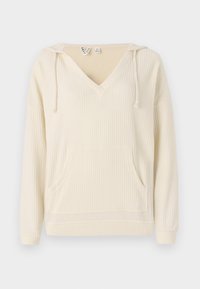 Cremfarbener Hoodie mit V-Ausschnitt, strukturiertem Waffelmuster, Kordelzugkapuze und Fronttasche. Die Bündchen und der Saum sind gerippt.