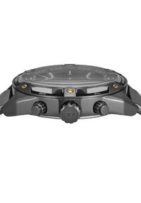 Montre bracelet en métal noir avec un cadran en verre rond, des accents dorés et trois cadrans noirs. Dispose de plusieurs boutons sur le côté pour les réglages.