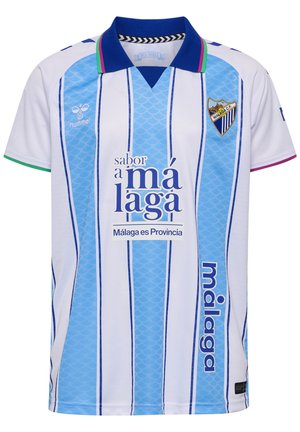 Hvid og lyseblå stribet fodboldtrøje med blå krave, Málaga CF-logo, hummel-logo og "sabor a Málaga" sponsortekst på fronten.