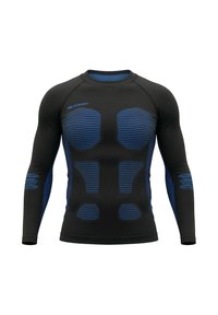 Schwarzes langärmeliges Thermoshirt mit blauen horizontalen Streifen und ergonomischen Nähten, hergestellt aus dehnbarem, feuchtigkeitsableitendem Material für Komfort.