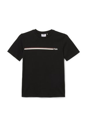 Camiseta negra de manga corta con cuello redondo, con dos franjas horizontales y el logo de FILA en el lado derecho del pecho.