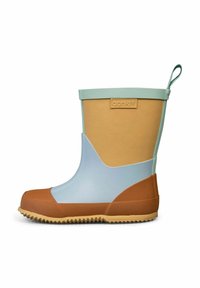Rubber rain boot featuring a light blue, tan, and brown color scheme. Textured sole and a distinctive pull tab at the back.