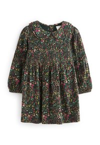 Abito floreale con una base verde scuro, maniche lunghe a sbuffo, corpo arricciato e colletto rotondo con motivi floreali rosa e gialli.
