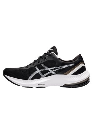 Black and white running shoe with mesh upper, white logo stripes, cushioned white sole labeled "Amplifoam," and "Gel-Pulse 15" on heel.