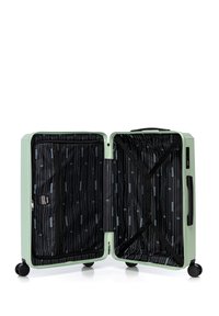 Hardshell suitcase in mint green, featuring a black striped interior with pockets and straps. It has four black wheels and a side handle.