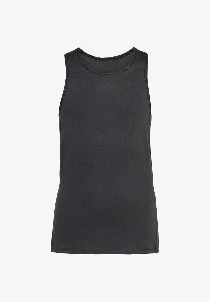 Débardeur sans manches noir en tissu lisse, avec un col rond et un détail de logo minimaliste au centre devant.