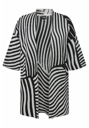 Zebra-Print Kimono-Jacke mit offenem Vorderteil in Schwarz und Weiß, mit kurzen Ärmeln, strukturiertem Stoff und lässigem Schnitt.