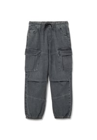 Donkergrijze cargobroek met elastische tailleband en zoom, grote klepzakken op de dijen en zijzakken voor de handen.