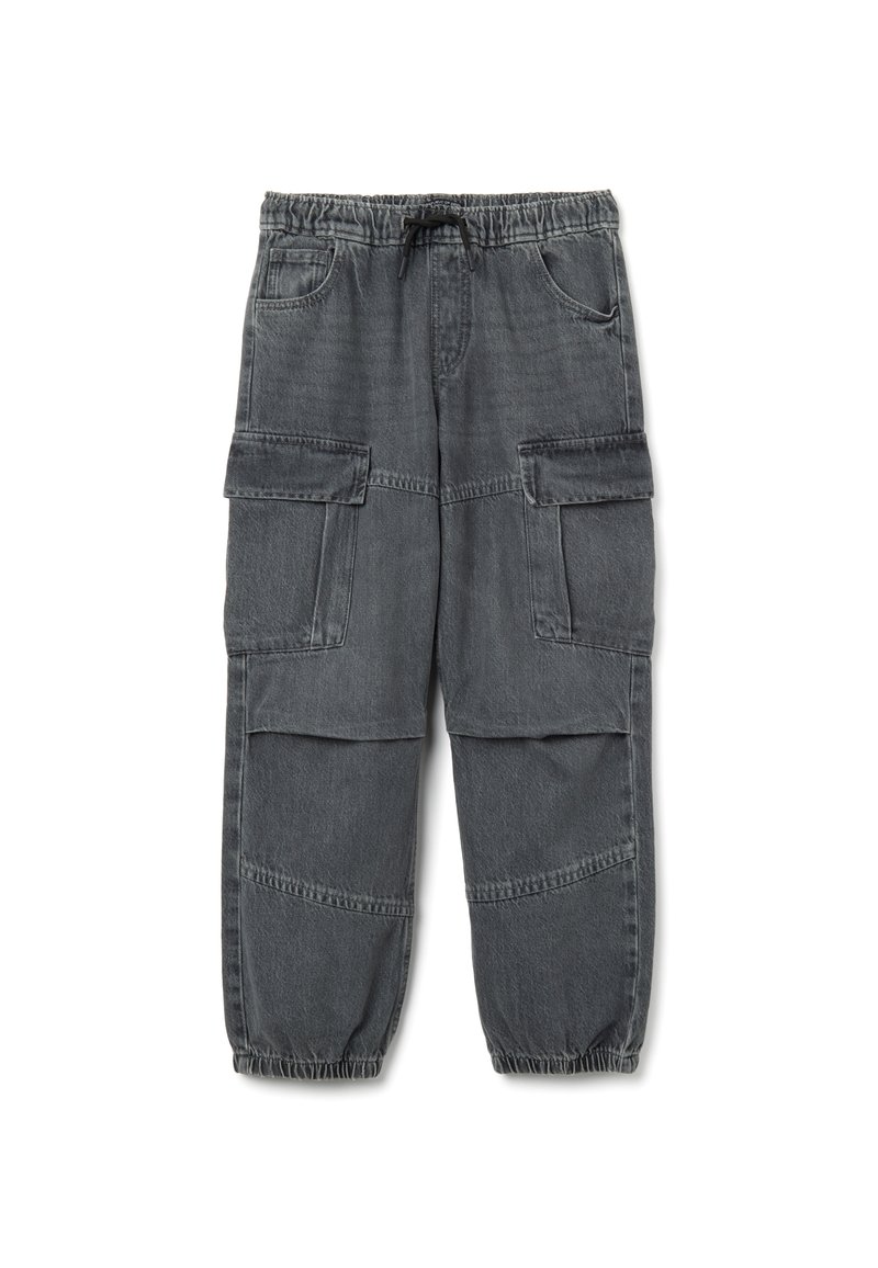 Donkergrijze cargobroek met elastische tailleband en zoom, grote klepzakken op de dijen en zijzakken voor de handen.