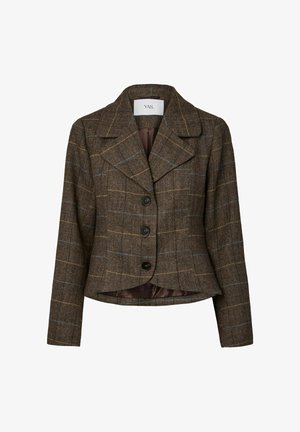 Blazer marrone con motivo a spina di pesce e a quadri, con tre bottoni neri, ampi revers, maniche lunghe e orlo leggermente corto.