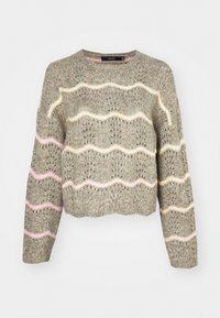 Gebreide cropped trui in gedempt grijs met golvende roze en crème patronen, met een ronde halslijn en lange mouwen. Gestructureerd stoffen ontwerp.