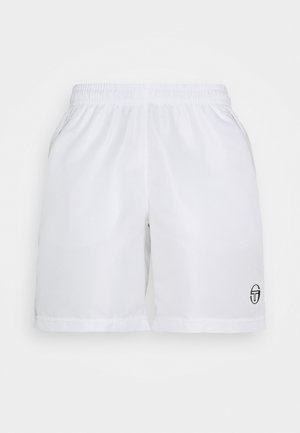 Shorts de sport blancs en tissu lisse, dotés d'une taille élastique et de poches latérales. Un petit logo noir est positionné sur le bas de la jambe.