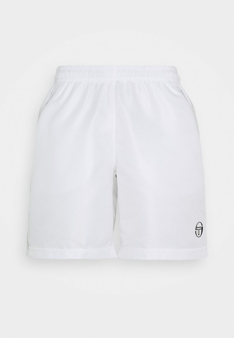 Shorts de sport blancs en tissu lisse, dotés d'une taille élastique et de poches latérales. Un petit logo noir est positionné sur le bas de la jambe.