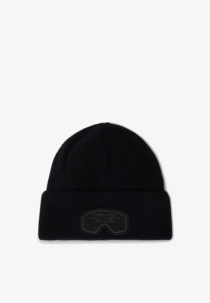 Czarna, dziana czapka z teksturowanym wykończeniem, z naszywką z przodu z logo w kontrastowych kolorach oraz z podwijanym brzegiem.
