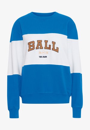 Blå og hvit sweatshirt med rund hals, med stor "BALL 1974" grafikk i brun. Teksturt stoff med ribbede mansjetter.