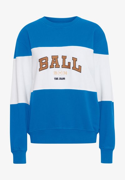 Blue and white sweatshirt with a crew neckline, featuring large "BALL 1974" graphic in brown. Textured fabric with ribbed cuffs.
