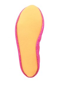 Roze glinsterige schoeninlegzool met een ronde vorm, met een zachte gele basis. De bovenkant heeft een gestructureerd, glanzend oppervlak.