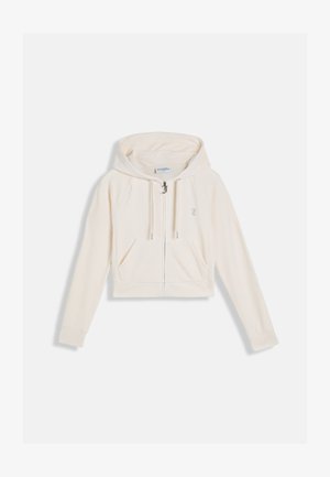 Cremefarbener Kapuzenpullover mit Reißverschluss, Kordelzügen, Fronttaschen, langen Ärmeln und dezent eingesticktem Logo auf der linken Brust.
