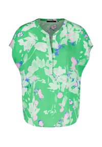 Grüne Bluse mit floralem Muster und kurzen Ärmeln, mit rosa und blauen Akzenten, runder Ausschnitt und lockerer Schnitt, ideal für lässige Anlässe.