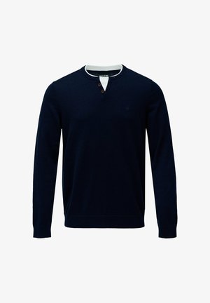 Suéter de punto azul marino con cuello redondo, que presenta un cuello acanalado blanco y dos botones marrones cerca de la línea del cuello. Textura de punto suave.