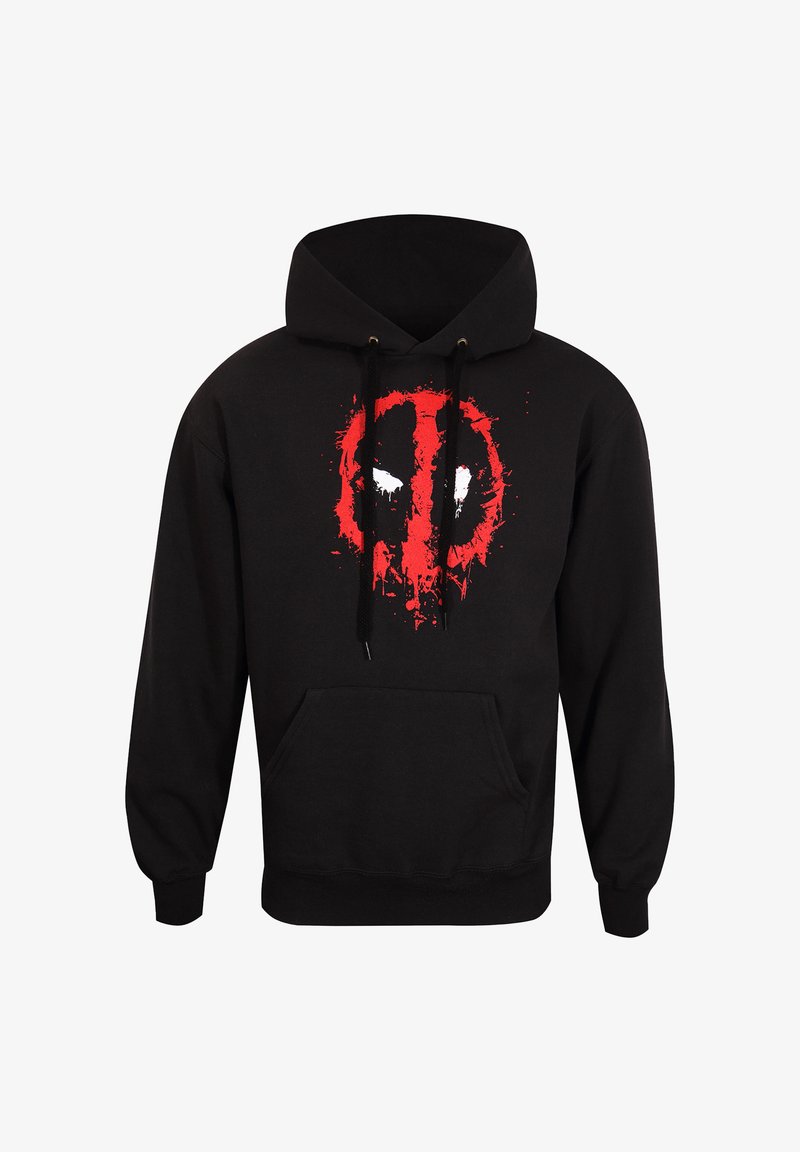 Felpa nera con cappuccio, tasca frontale e cordino. Presenta un ampio design grafico rosso e bianco che assomiglia a un volto sul petto.