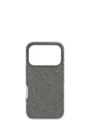 Coque de téléphone noire texturée avec une découpe rectangulaire en haut, présentant un motif subtil et un bord en plastique gris lisse.