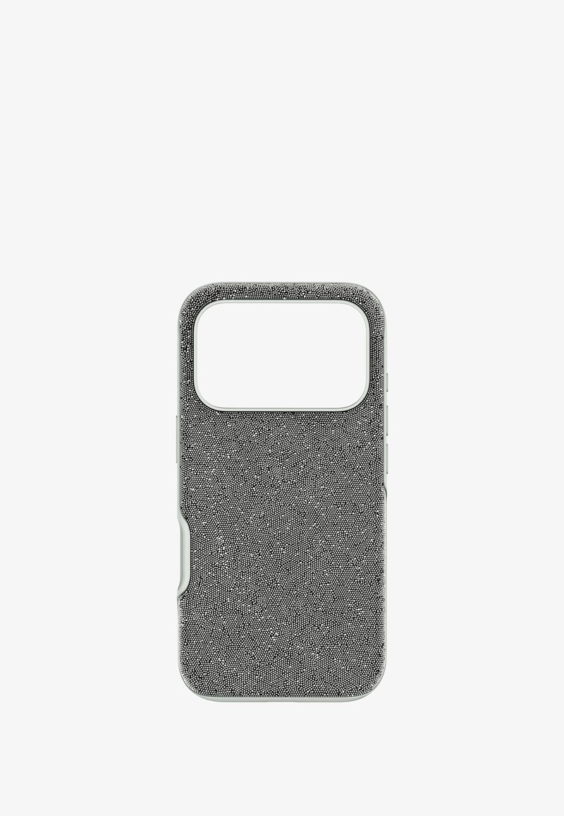 Teksturowane czarne etui na telefon z prostokątnym wycięciem u góry, z subtelnym wzorem i gładką, szarą plastikową krawędzią.