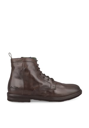 Dark brown leather men's ankle boot with lace-up front, smooth finish, and pull tab at the back.
