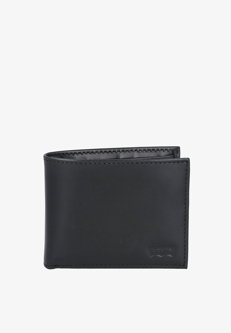 Cartera bi-fold de piel negra con costuras visibles y logo de Levi's en relieve en la esquina inferior derecha sobre fondo blanco.