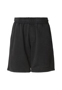 Fekete pamutkeverék rövidnadrág elasztikus derékpánttal, oldalzsebekkel és kényelmes szabással. Varrt szegély és diszkrét logórészlet jellemzi.