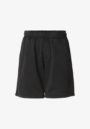 Fekete pamutkeverék rövidnadrág elasztikus derékpánttal, oldalzsebekkel és kényelmes szabással. Varrt szegély és diszkrét logórészlet jellemzi.