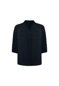 Blusa nera con bottoni e scollatura a V, due tasche sul petto e maniche a tre quarti. Presenta una texture morbida e una vestibilità comoda.