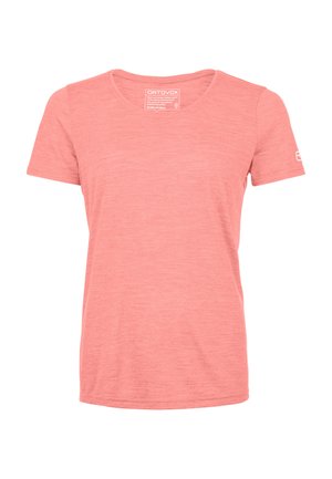 Hellrosa kurzärmeliges T-Shirt mit rundem Ausschnitt. Hergestellt aus einem weichen Stoff mit subtiler Textur. Verfügt über ein Logo auf dem Ärmel.