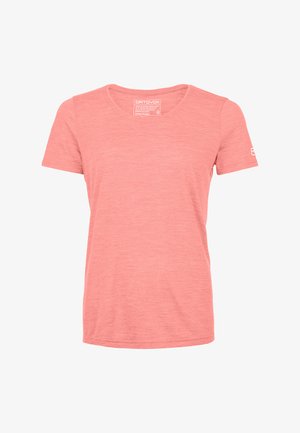 Light pink short-sleeved T-shirt with a round neckline. Made of a soft fabric with a subtle texture. Features a logo on the sleeve.