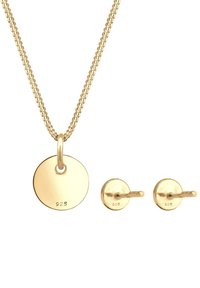 Goldfarbene Schmuckset bestehend aus einer runden Anhänger-Halskette mit einer strukturierten Kette und passenden runden Steckerohrringen, alle mit der Markierung 925.