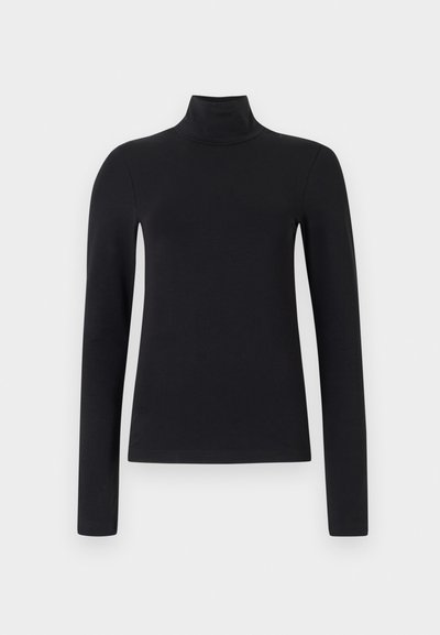 Svart høyhalset genser med lange ermer, laget av mykt stoff. Har en tettsittende silhuett og høyhalset design. Ingen tilleggs mønstre eller detaljer.