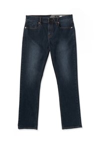Jeans de mezclilla azul oscuro con un diseño de pierna recta, que cuentan con cinco bolsillos, costuras naranjas y un cierre de botón en la cintura.