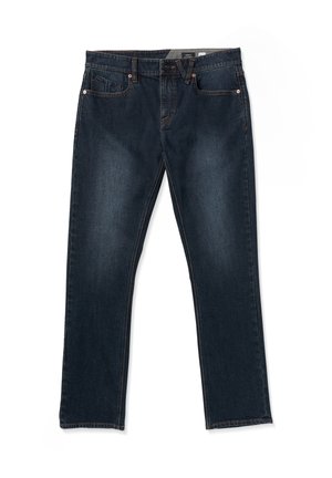 Dark blue denim jeans with a straight leg design, featuring five pockets, orange stitching, and a button closure at the waist.