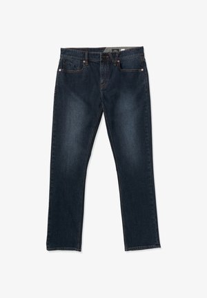 Jean en denim bleu foncé avec une coupe droite, featuring cinq poches, des coutures orange et une fermeture à bouton à la taille.