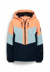 Color-blocked jacket featuring coral, light blue, and navy panels. Hood with drawstrings, zip closure, and two front pockets.